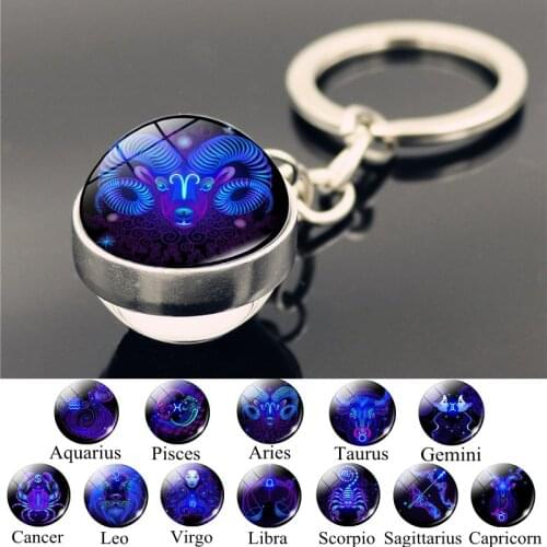 12 Constellation Keychain Fashion Double Side Cabochon Glass Ball Keychain Zodiac Signs Jewelry for Men for Women Birthday Gift
