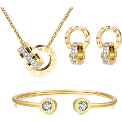 316L Stainless Steel Double Circle Roman Numeral Necklace Earring Bracelet Set Women Crystal Wedding Jewelry Set Gift Box