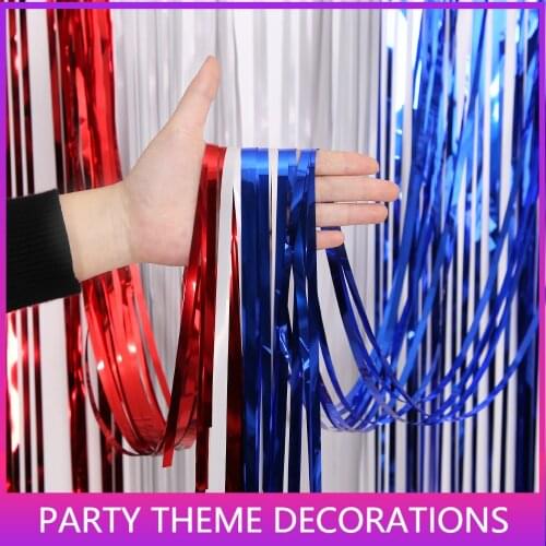 4th of July Independence Day Blue White Red Foil Tinsel Fringe Curtain Backdrop for Veterans Memorial Day Patriotic Decorations