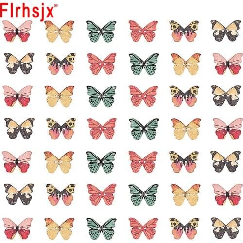 50/100pcs Butterfly Shaped Wooden Buttons Colorful 2-Hole Button Decorative Painting Buttons for Garment Crafts DIY Scrapbooking