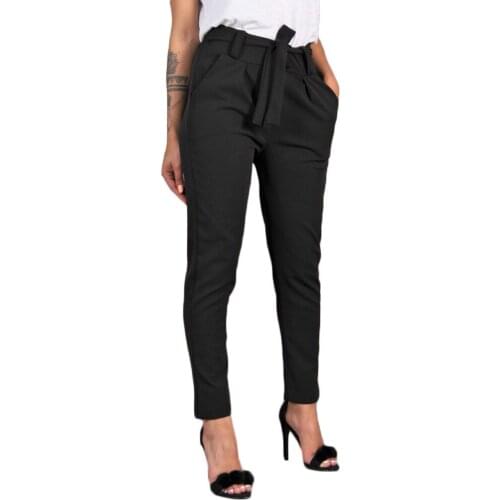 Womens Pants Women Bandage Elastic Waist Stripe Casual Trousers Solid Color High Waist Harem Pants Office Lady Plus Size Pants