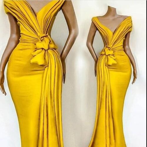 Elegant Yellow Off Shoulder Satin Mermaid Evening Dresses Ruched Ruffles Sweep Train Formal Party Prom Dresses robes de soirée
