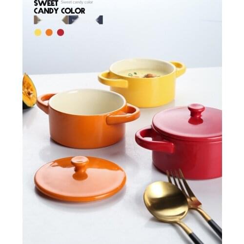 Ceramic Steamed Egg Custard Bowl Double Ears with Lid High Temperature Resistant Stewing Pot Steamed Egg Bowl Baking Bowl