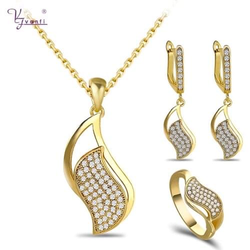 Kfvanfi geometric gold color plated copper material cubic zircon pendant necklace drop earrings ring jewelry sets for women
