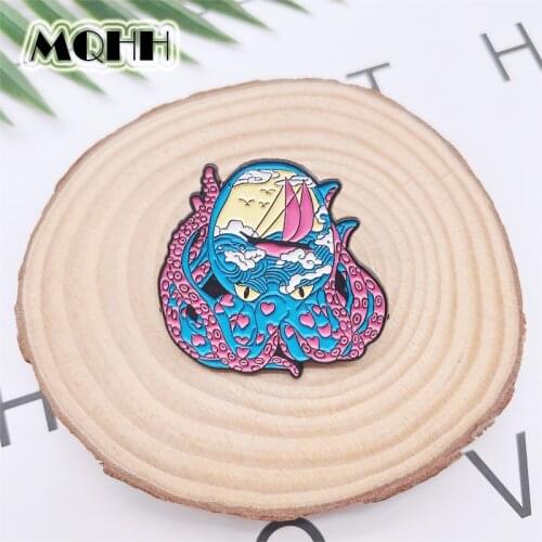 Creativity Punk Animal Marine Creature Octopus Enamel Pins Wave Sailboat Alloy Brooch Badge Personality Accessories Jewelry Gift