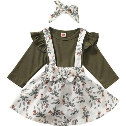 Little Babys Cute Dress Suit, Round Neck Romper Top Strap Skirt with Bow Headdress for Autumn and Spring