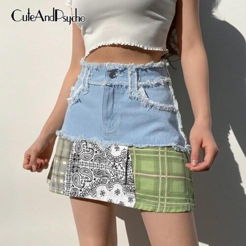 Vintage Retro Patchwork A-line Y2K Mini Skirts Women Harajuku Summer High Waisted Skirt Korean Fashion Cute Outfits Cuteandpscho