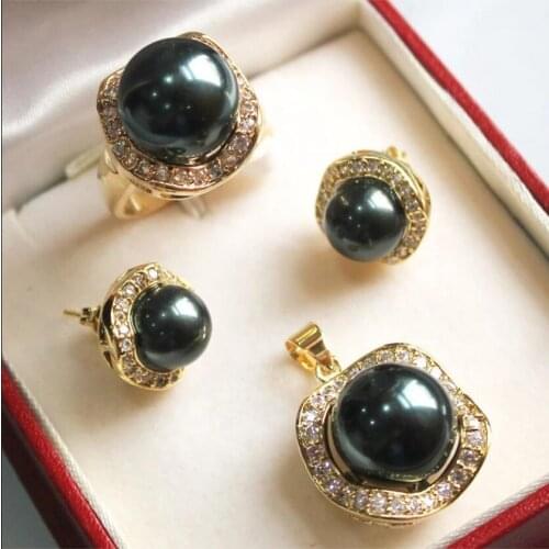 Fashion metal gilded micro inlaid White Diamond Black Shell Pearl Pendant + Earrings + Ring Set