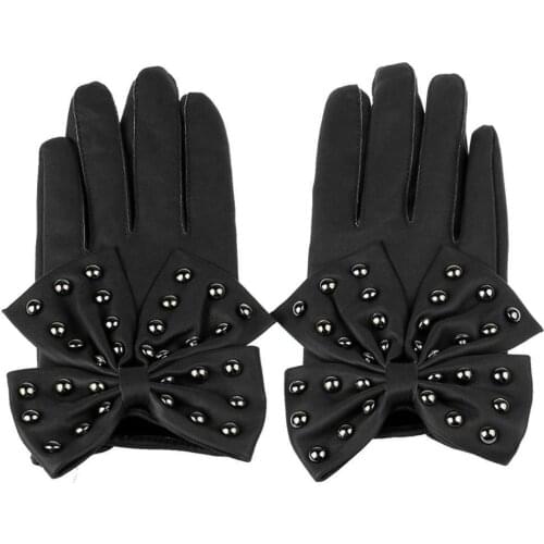 Motorcycle Women Rivets Bow Solid Color Faux Leather Gloves Full Finger Mittens