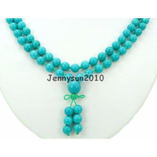 Natural Stabilized Tur-quoise 8mm Gems Stone Buddhist 108 Beads Prayer Mala Knot Necklace Multi-Purpose 5Strands/Pack