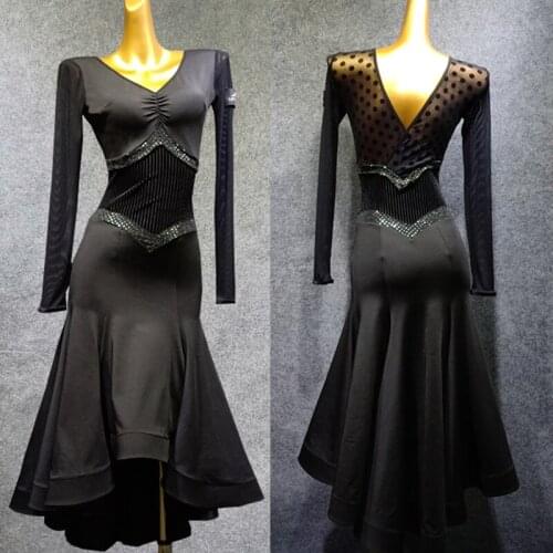 New Ballroom Dance Competition Dresses Black Long Sleeve Waltz Dress Womens Ballroom Dress Standard Performance Costume VDB1081