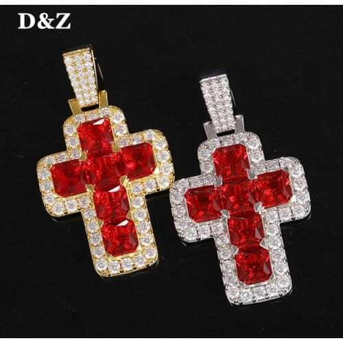 D&Z Iced Red Crystal Cross Pendant &Necklace Iced Out Cubic Zircon Stones Gold Silver Color Hip Hop Charm Necklace Jewelry Gift