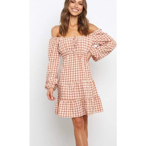 Casual Plaid Lac Up Mini Dress Woman Spring Autumn Lanern Sleeve Ruffles Dreess Women 2021 Sexy Off Shoulder A-line Robe Femme