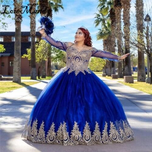 Puffy Ball Gown Quinceanera Dresses Long 2022 Gold Applique Lace Sweet 16 Dress With Long Sleeves Newest Vestidos de quinceanera