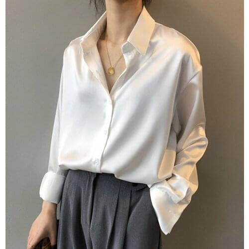 Spring Fashion Button Up Satin Silk Shirt Women Vintage Turn Down Collar Blouse White Lady Long Sleeve Femme Loose Street Shirts