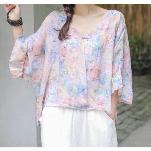 Women Loose Ramie Printed V Tops Shirt Ladies Loose Summer Ramie Blouse Female 2020 Ramie Shirts