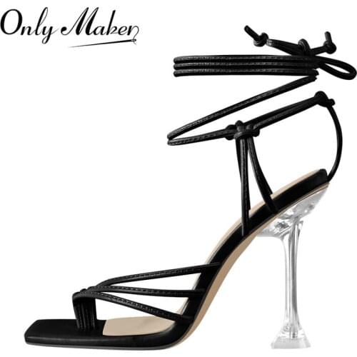 Onlymaker Summer Square Toe Sandals For Women Matte White Black Lace-Up Knotted Flip Flops Clear Metal High Heel Shoes Big Size