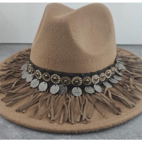 Boho Women Wide Brim Wool Felt Fedora Panama Hat with Belt Buckle Jazz Trilby Cap Party Formal Top Hat In brown