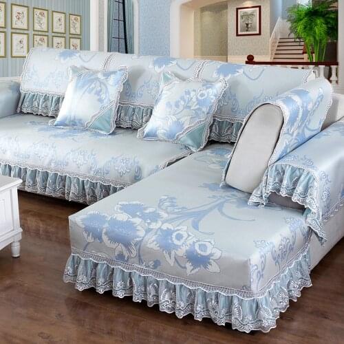 Light Blue European Luxury Ice Silk Sofa Cover Summer Cool Mat Exquisite Embroidery Lace Sofa Towel Cushion Pillow Case Sofa Set