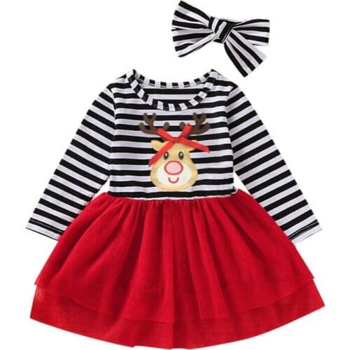2020 New Year Christmas Tulle Tutu Dresses Infant Kids Baby Girls Festival Xmas Party Dress Striped Cartoon Deer Clothes Xmas
