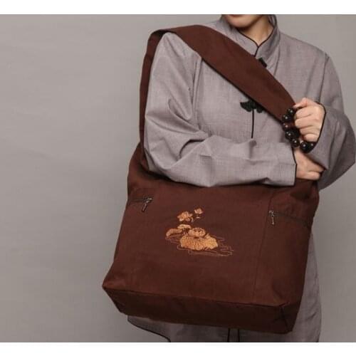 Unisex high quality canvas Embroidery lotus buddhist meditation zen lay bags shaolin monk kung fu lohan buddha bag coffee
