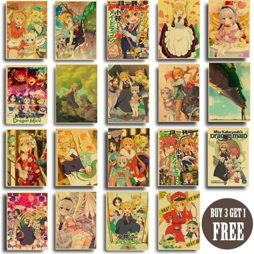 Vintage Anime SeriesMiss Kobayashis Dragon Maid Retro Kraft Paper Poster For Wall Art Home Decor Living Room Pictures