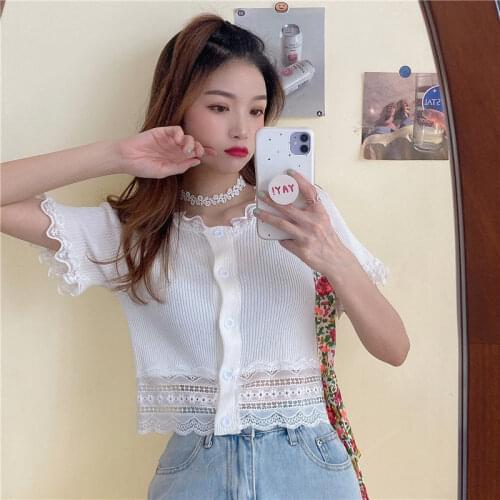 Woman TShirts Crop Top Hollow Sweater Womens Summer Lace V-neck Patchwork Cardigan Mujer Camisetas