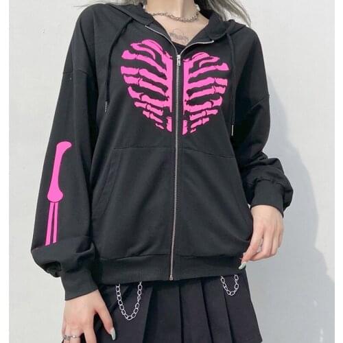Skull Heart print goth hoodie E-girl grunge Fashion Casual Oversized hoodie winter street Kawaii women sweetshirts warm Harajuku