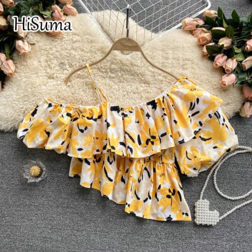 2021 summer new female strap skew collar ruffles print chiffon shirts women elegant chic irregular blouses beach shirt