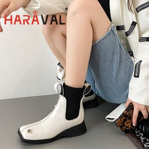 HARAVAL Women Ankle Motorcycle Boots Shoes Black White Patent Leather Spring/Autumn Square Toe Adult Solid Adult Boots ShoeE377L
