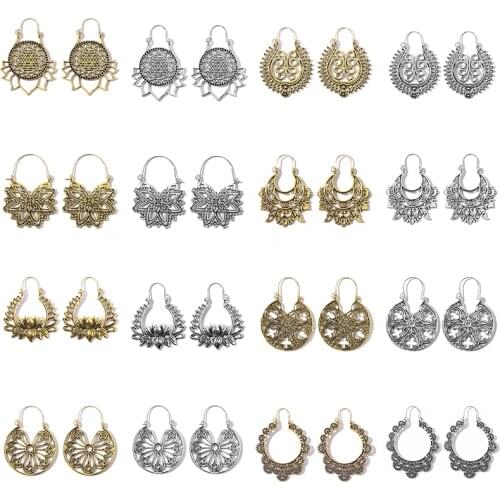 Docona Vintage Carving Mandala Flower Dangle Earrings for Women Gold Silver Color Metal Hollow Earrings Female Jewelry Brincos
