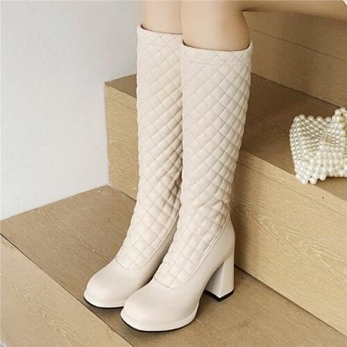 Women High Knee Boots Platform Black White Snow Boots Female Autumn Sexy Chunk Heeled Leather Punk Long Shoes Woman Designer