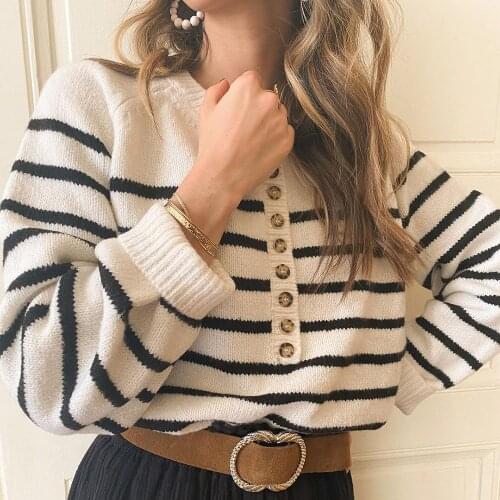 Striped Cotton Knitted Pullover Women Autumn Winter Long Sleeve V neck Vintage Chic Sweater 2020 Chic Oversize Jumper Pull