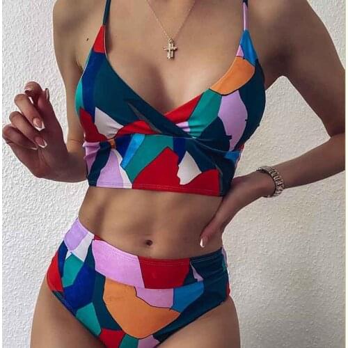 Women Fashion 2Pcs Swimming Suit Sleeveless Geometric Print Top+Bottoms Set for Ladies Female Maillot Brazilian Swimwear Biquini