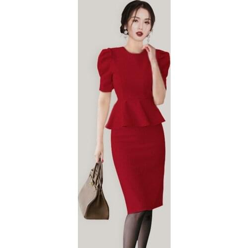 Korean Women Elegant Office Bodycon Dress 2021 Autumn Fashion Puff Sleeve Fake Two Pieces Female Ruffles Slim Waist Pencil Dress