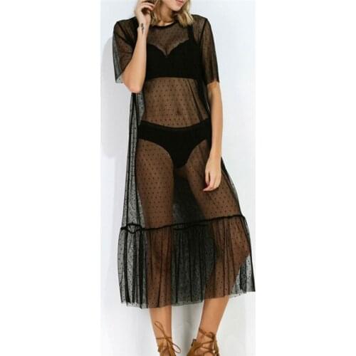 Sexy Brand New Women Mesh Sheer Dots Maxi Dress Beach Tulle Party Clubwear Short Sleeves Loose Long Dress Outfits