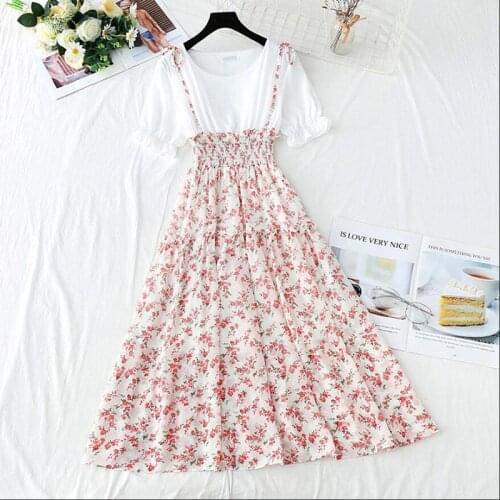 2021 Summer New O-Neck Floral Print Dress Women Casual Short Sleeve High Waist Dress For Women Ruffle Chiffon Dresses