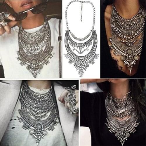 Fashion Vintage Silver Color Big Choker Necklace Women Bohemian Ethnic Statement Large Collier Coin Collar Indian Maxi Necklace
