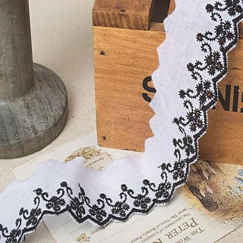 100% cotton hollow black embroidery on white lace fabric trim width 3.5cm quality trimming fabric + Free shipping -QX
