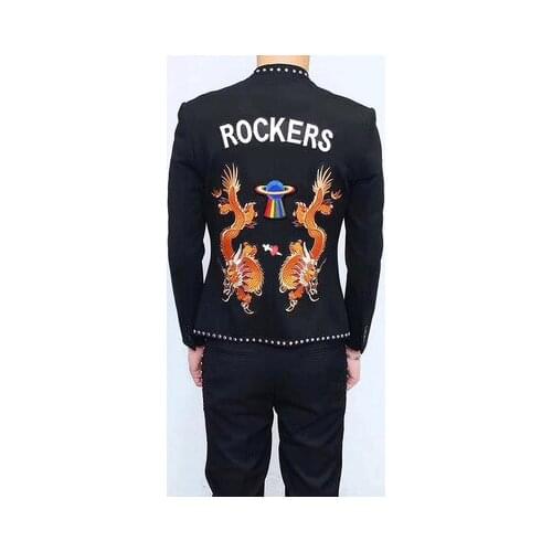 100%real mens stars black rivet embroidery tuxedo suit /event/evening/ jacket with ankle length pants