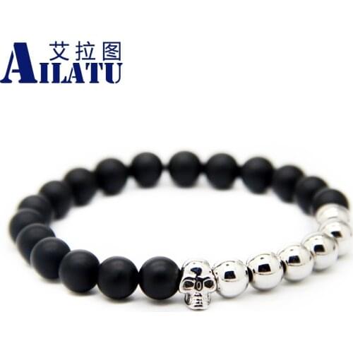 Ailatu 10 Pieces Wholesale Jewelry Silver Color Bronze Skull Bracelest with Natural Matte Onyx Stone Beads