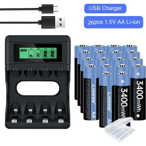 26pcs AA Rechargeable Battery 3400mWh Battery AA 1.5V AA Battery with LCD Charger for 1.5v AA AAA Rechargeable Battery