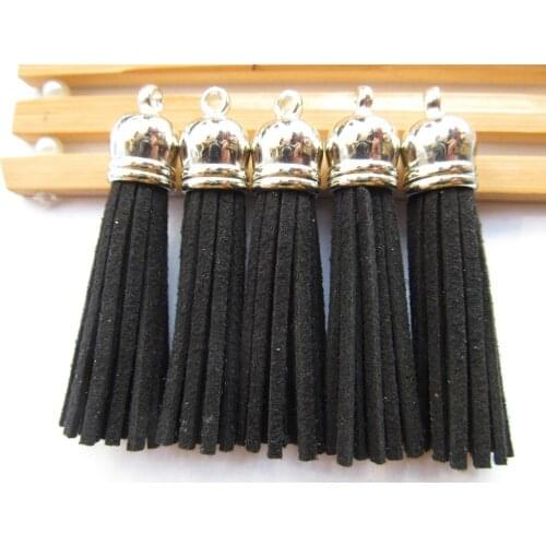 Free Shipping 100Pcs 59mm Black Suede Leather Jewelry Tassel For Key Chains/ Cellphone Charms Top Plated End Caps Cord Tip