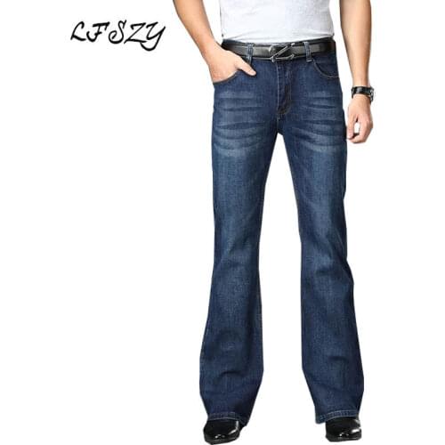 Jeans Men High Waist Stretch Loose Flared Denim Wide-Leg Pants Classic Design Flared Jeans Dark Blue Trousers