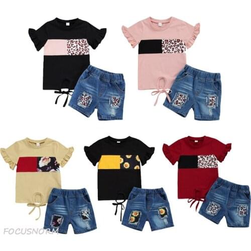 FOCUSNORM 2-6Y Summer Kids Girls Clothes Sets 5 Colors Flowers/Leopard Patchwork Flare Sleeve T Shirts Denim Shorts