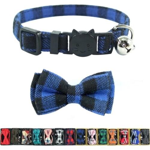 XPangle Plaid Lattice Cat Collar Breakaway Bowtie Bell Quick Release Cotton Collars for Puppies Cats Kittens Accessories 17-28cm