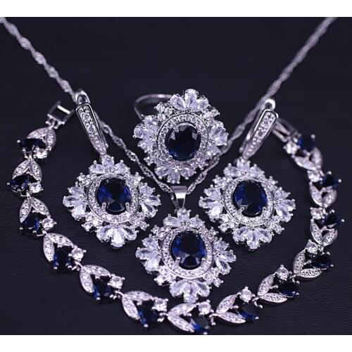 Israel Hexagon Blue Stone White Crystal Silver Color Jewelry Set For Women Pendant Necklace Ring Earring Bracelet Suit
