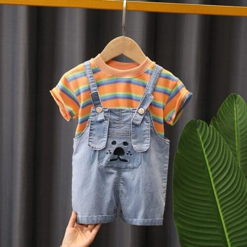 2021 New Summer Children Baby Boy Girls Infant Cartoon Short Sleeve Strips T-Shirt Denim Overalls 2Pcs/Set Toddler Clothing Kids