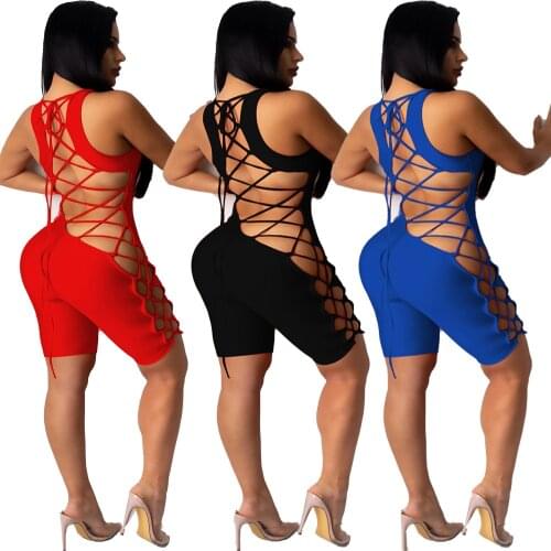 Casual Active Solid Lace Up Playsuit Jumpsuit Women Sexy O Neck Backless Biker Shorts Bodycon Bandage Romper Women Jumpsuit