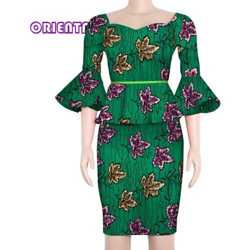 2 Pieces Set Women Suits African Skirts and Tops Women Flare Sleeve Tops Short Skirts Elegant Lady Bazin Riche Outfits WY3763
